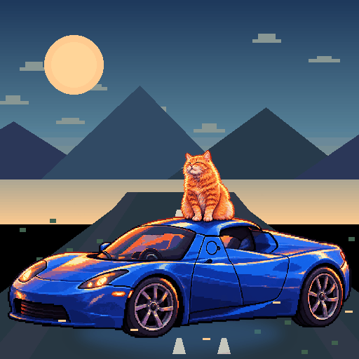 Pixel-art ginger cat riding in a blue Tesla Roadster: Alpine Dawn