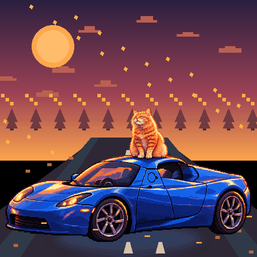 Pixel-art ginger cat riding in a blue Tesla Roadster: Amber Leaf Storm