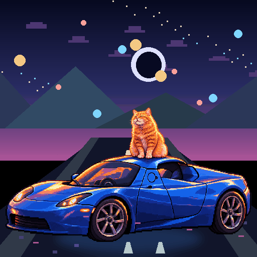 Pixel-art ginger cat riding in a blue Tesla Roadster: Asteroid Sidestep