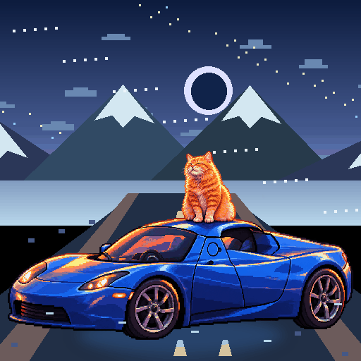Pixel-art ginger cat riding in a blue Tesla Roadster: Aurora Roadtrip