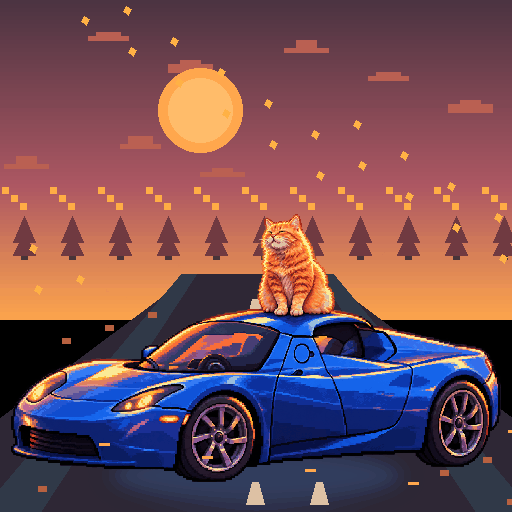 Pixel-art ginger cat riding in a blue Tesla Roadster: Autumn Tunnel