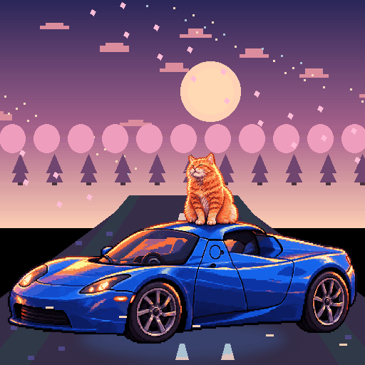 Pixel-art ginger cat riding in a blue Tesla Roadster: Blossom Bridge