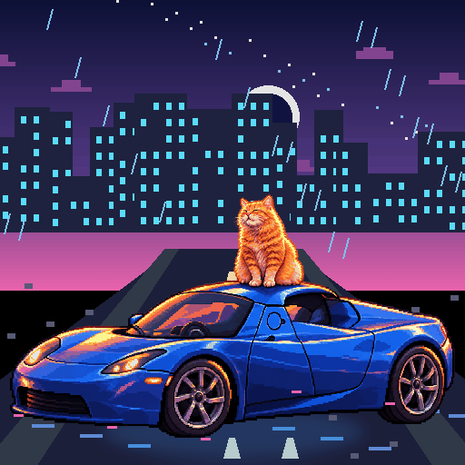 Pixel-art ginger cat riding in a blue Tesla Roadster: Blue Hour Tunnel