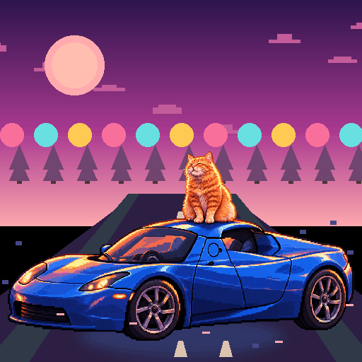 Pixel-art ginger cat riding in a blue Tesla Roadster: Candy Neon Lane