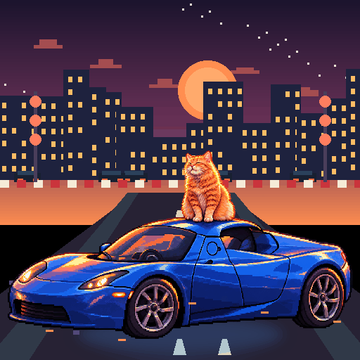 Pixel-art ginger cat riding in a blue Tesla Roadster: Checkered Sunset