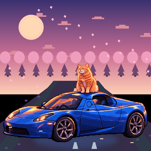 Pixel-art ginger cat riding in a blue Tesla Roadster: Cherry Petal Drift