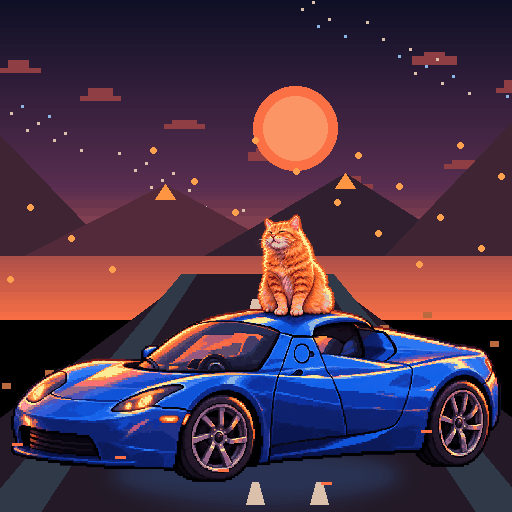 Pixel-art ginger cat riding in a blue Tesla Roadster: Crater Circuit