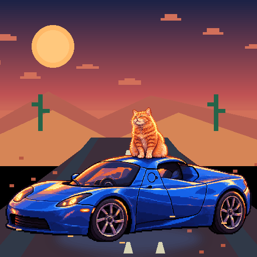Pixel-art ginger cat riding in a blue Tesla Roadster: Dune Drifter