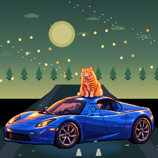 Pixel-art ginger cat riding in a blue Tesla Roadster: Firefly Highway