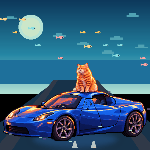 Pixel-art ginger cat riding in a blue Tesla Roadster: Fish Parade