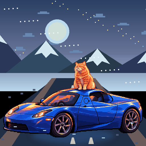 Pixel-art ginger cat riding in a blue Tesla Roadster: Frozen Lake Drift