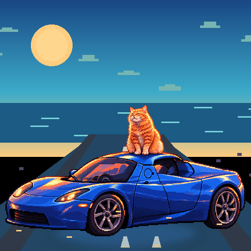 Pixel-art ginger cat riding in a blue Tesla Roadster: Golden Coastline