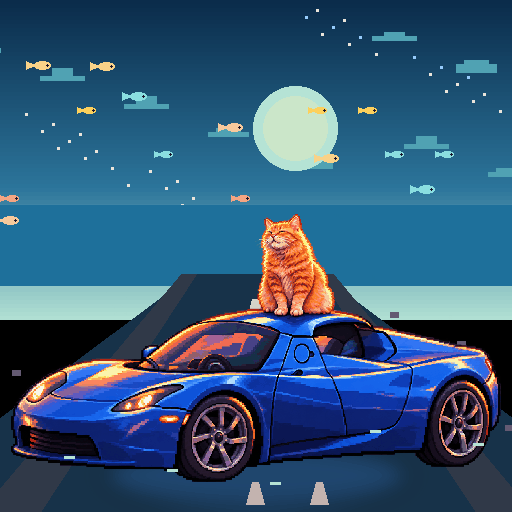 Pixel-art ginger cat riding in a blue Tesla Roadster: Koi Clouds
