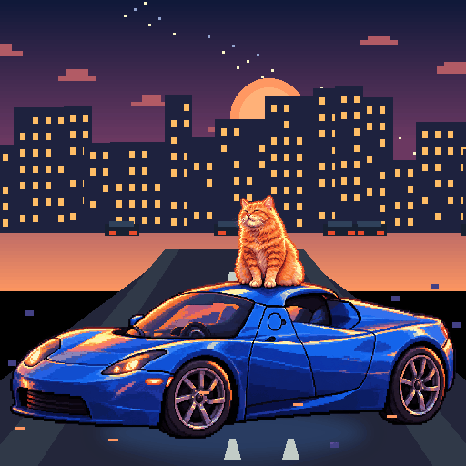 Pixel-art ginger cat riding in a blue Tesla Roadster: Lane Splitter