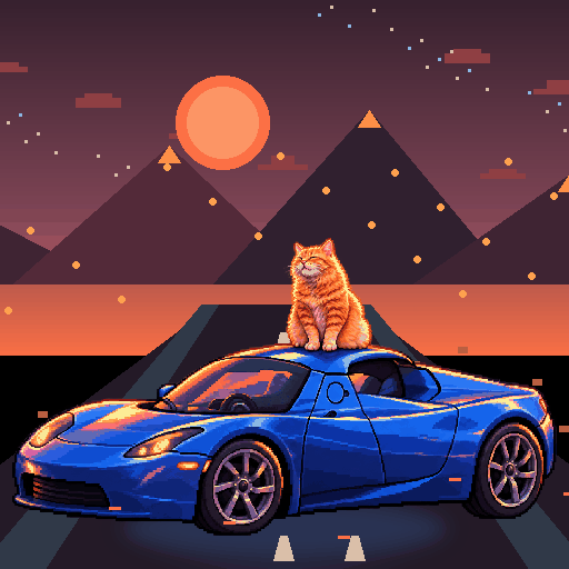 Pixel-art ginger cat riding in a blue Tesla Roadster: Lava Lane