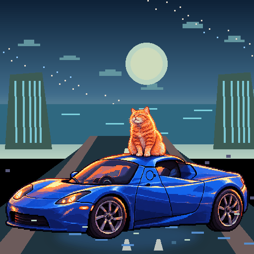 Pixel-art ginger cat riding in a blue Tesla Roadster: Midnight Mirror Road
