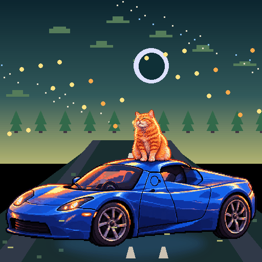 Pixel-art ginger cat riding in a blue Tesla Roadster: Misty Pine Pass