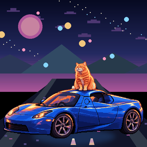 Pixel-art ginger cat riding in a blue Tesla Roadster: Moon Base Roadtrip