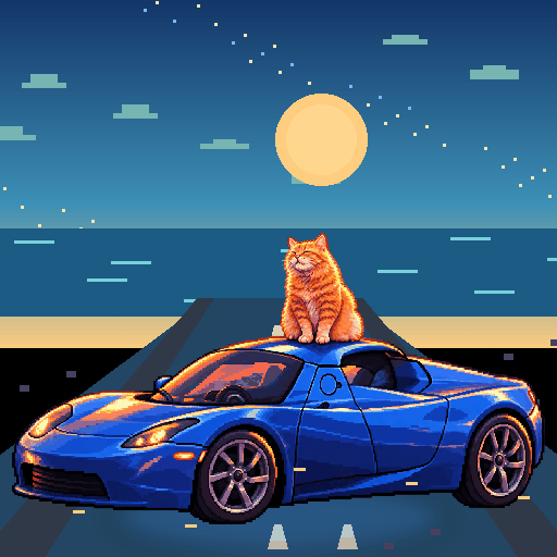 Pixel-art ginger cat riding in a blue Tesla Roadster: Moonlit Boardwalk
