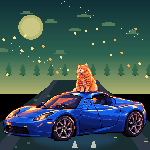 Pixel-art ginger cat riding in a blue Tesla Roadster: Mossy Forest Drive