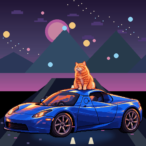 Pixel-art ginger cat riding in a blue Tesla Roadster: Nebula Dash