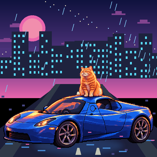 Pixel-art ginger cat riding in a blue Tesla Roadster: Neon Rain Dash