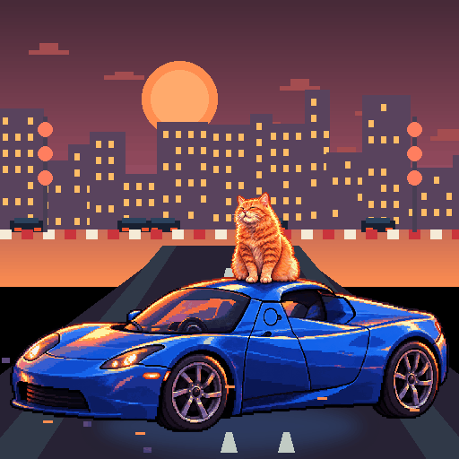 Pixel-art ginger cat riding in a blue Tesla Roadster: Night Circuit Glow