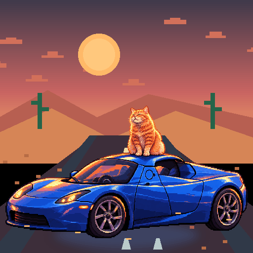 Pixel-art ginger cat riding in a blue Tesla Roadster: Oasis Parking