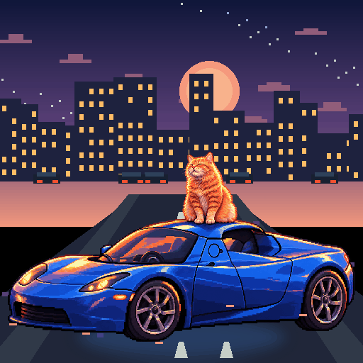 Pixel-art ginger cat riding in a blue Tesla Roadster: Overpass Glow