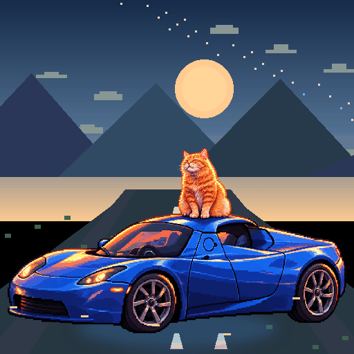 Pixel-art ginger cat riding in a blue Tesla Roadster: Pine Pass Patrol