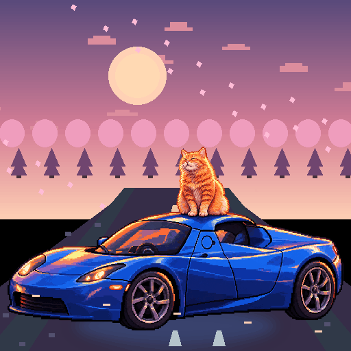 Pixel-art ginger cat riding in a blue Tesla Roadster: Pink Dusk Lane