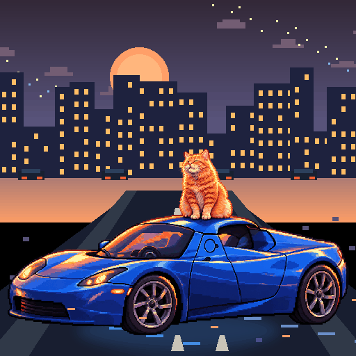 Pixel-art ginger cat riding in a blue Tesla Roadster: Pixel City Sunset