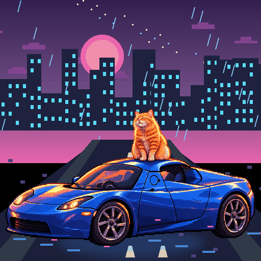 Pixel-art ginger cat riding in a blue Tesla Roadster: Puddle Zoomies