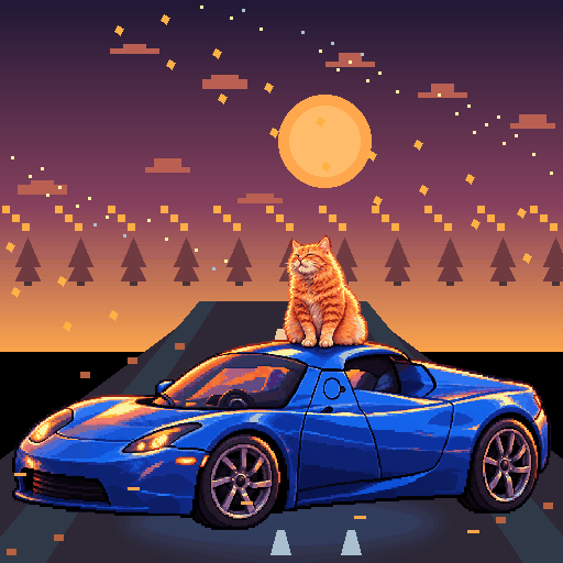 Pixel-art ginger cat riding in a blue Tesla Roadster: Pumpkin Moon Road