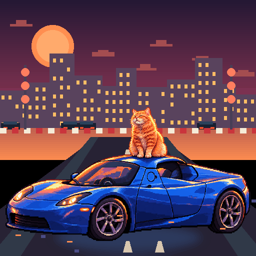 Pixel-art ginger cat riding in a blue Tesla Roadster: Raceway Pitstop