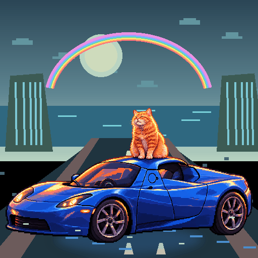 Pixel-art ginger cat riding in a blue Tesla Roadster: Rainbow Bridge