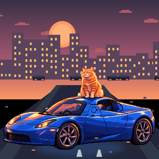 Pixel-art ginger cat riding in a blue Tesla Roadster: Red Light Catnap