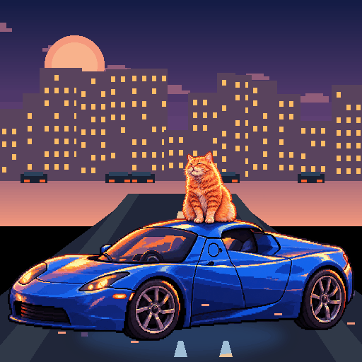 Pixel-art ginger cat riding in a blue Tesla Roadster: Rooftop Sunrise