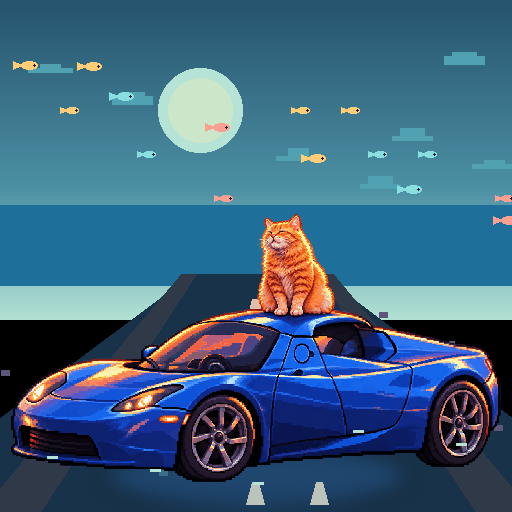 Pixel-art ginger cat riding in a blue Tesla Roadster: Sardine Shower