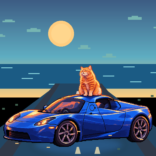 Pixel-art ginger cat riding in a blue Tesla Roadster: Sea Spray Zoomies