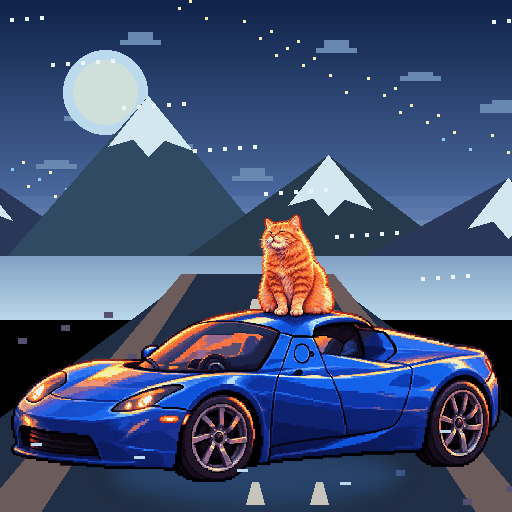 Pixel-art ginger cat riding in a blue Tesla Roadster: Snow Globe Commute