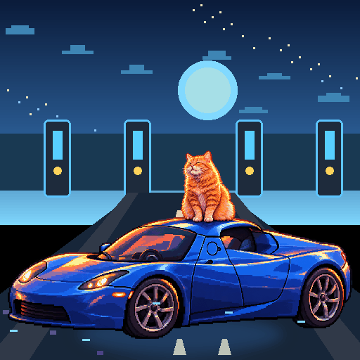 Pixel-art ginger cat riding in a blue Tesla Roadster: Solar Canopy