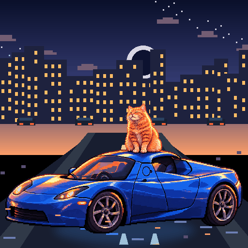 Pixel-art ginger cat riding in a blue Tesla Roadster: Starlight Freeway