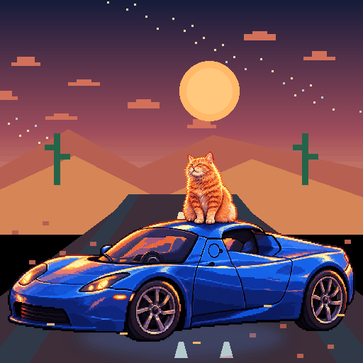 Pixel-art ginger cat riding in a blue Tesla Roadster: Starlit Sand Run