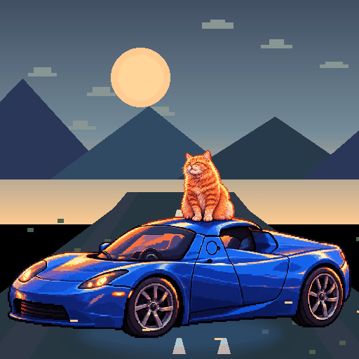 Pixel-art ginger cat riding in a blue Tesla Roadster: Summit Cloud Hop