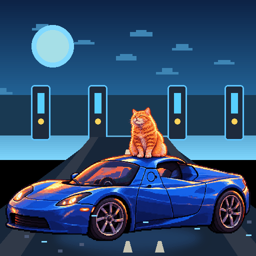 Pixel-art ginger cat riding in a blue Tesla Roadster: Sunroof Sunrise
