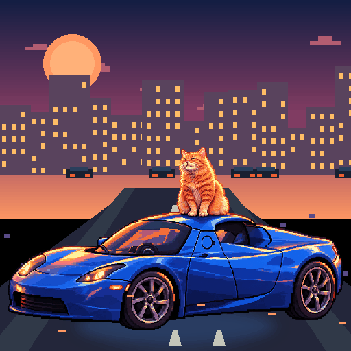 Pixel-art ginger cat riding in a blue Tesla Roadster: Sunset Gridlock