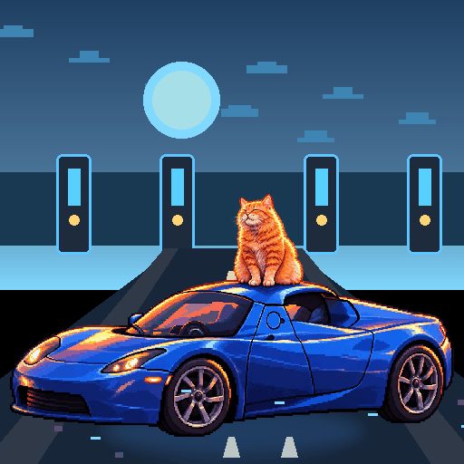 Pixel-art ginger cat riding in a blue Tesla Roadster: Supercharger Glow