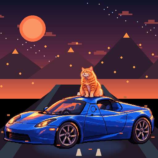 Pixel-art ginger cat riding in a blue Tesla Roadster: Volcano Bypass