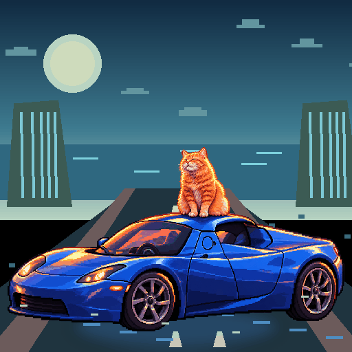 Pixel-art ginger cat riding in a blue Tesla Roadster: Waterfall Road